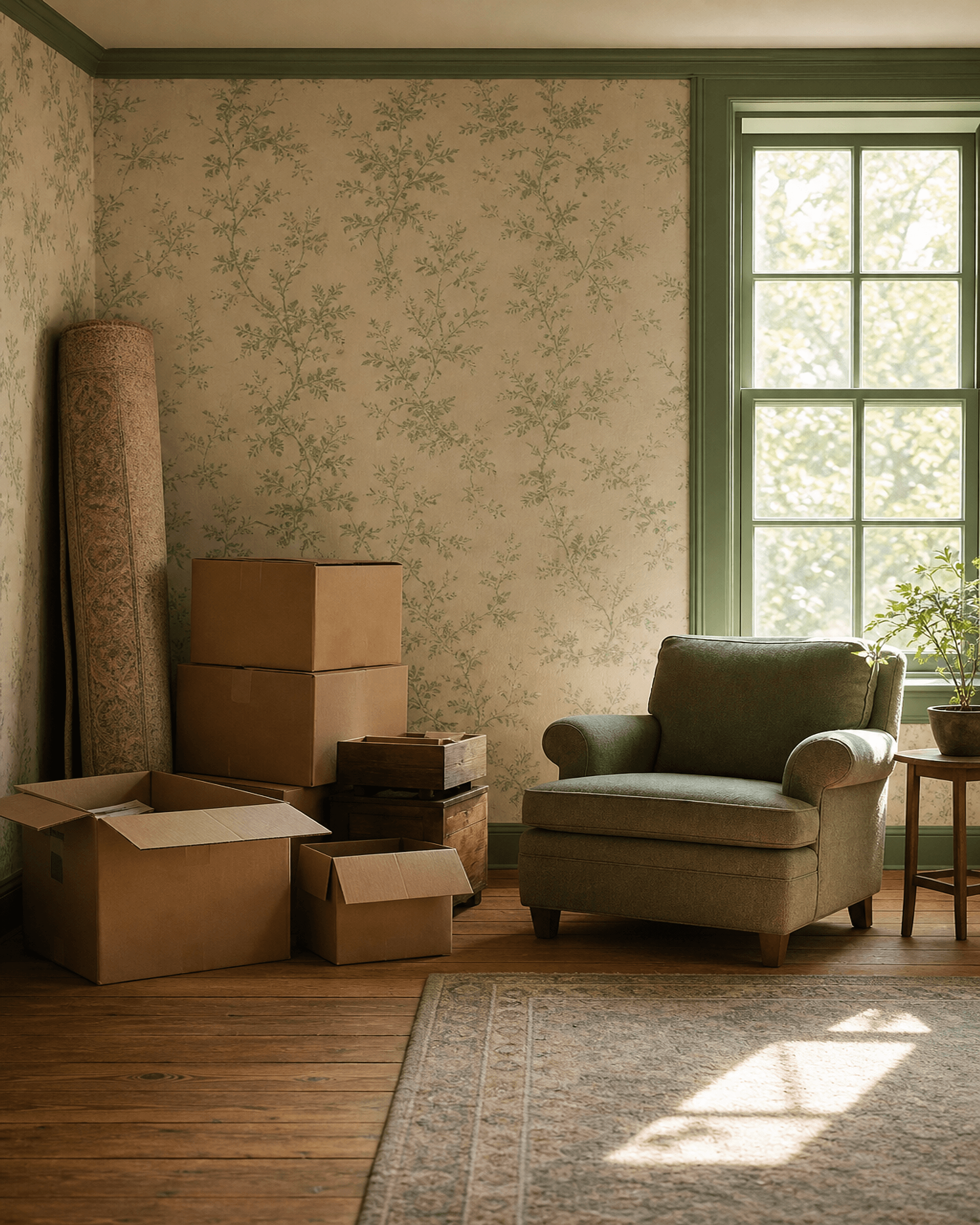 An inherited house mid cleanout, boxes and furniture still in the room, daylight through the window
