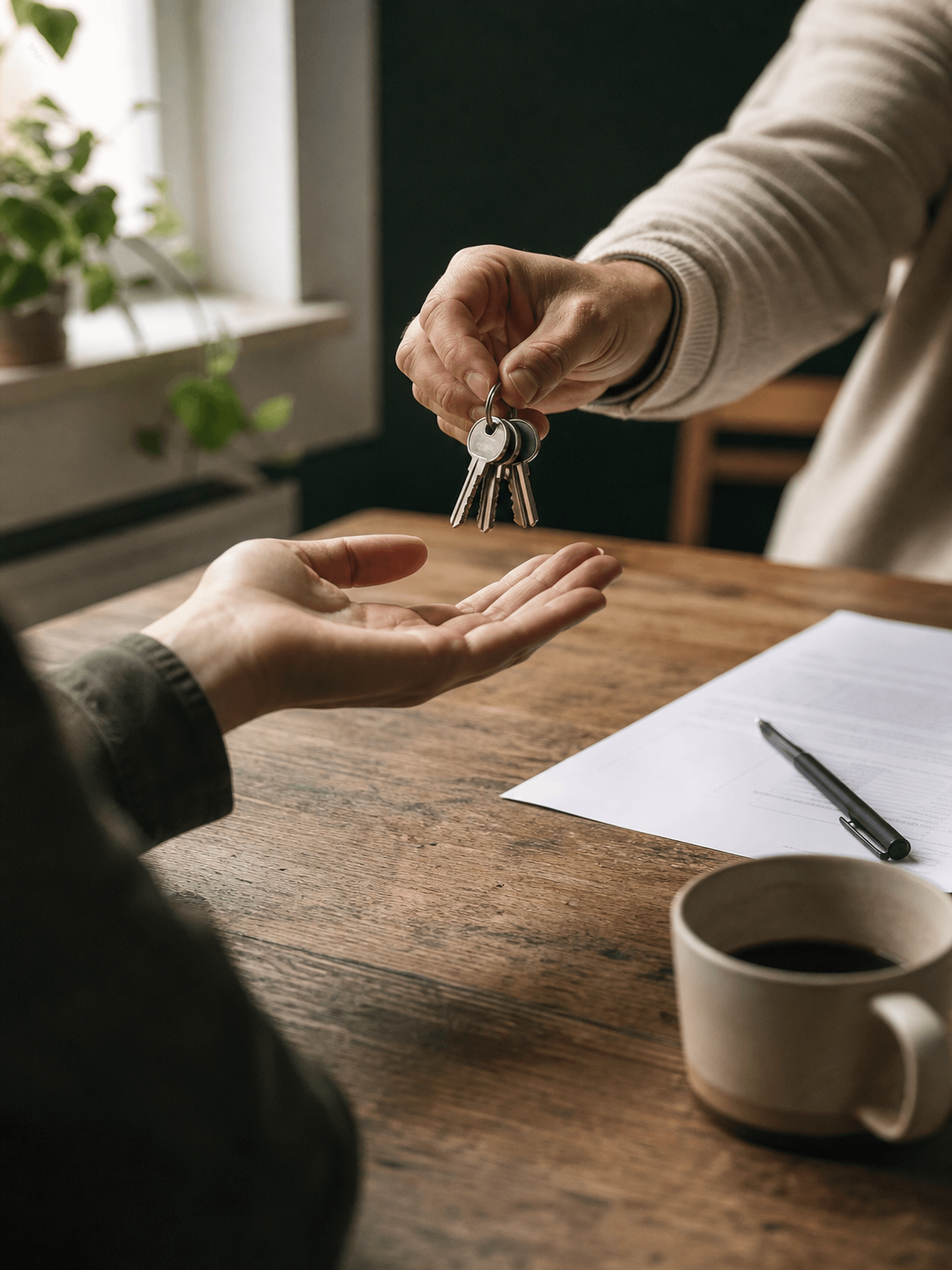 House keys handed across a kitchen table next to a single page written offer