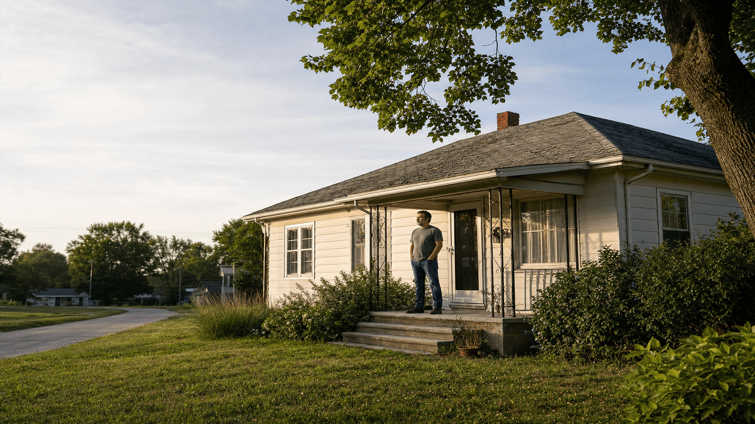 A homeowner standing at ease on the porch of an ordinary American house in warm late afternoon light